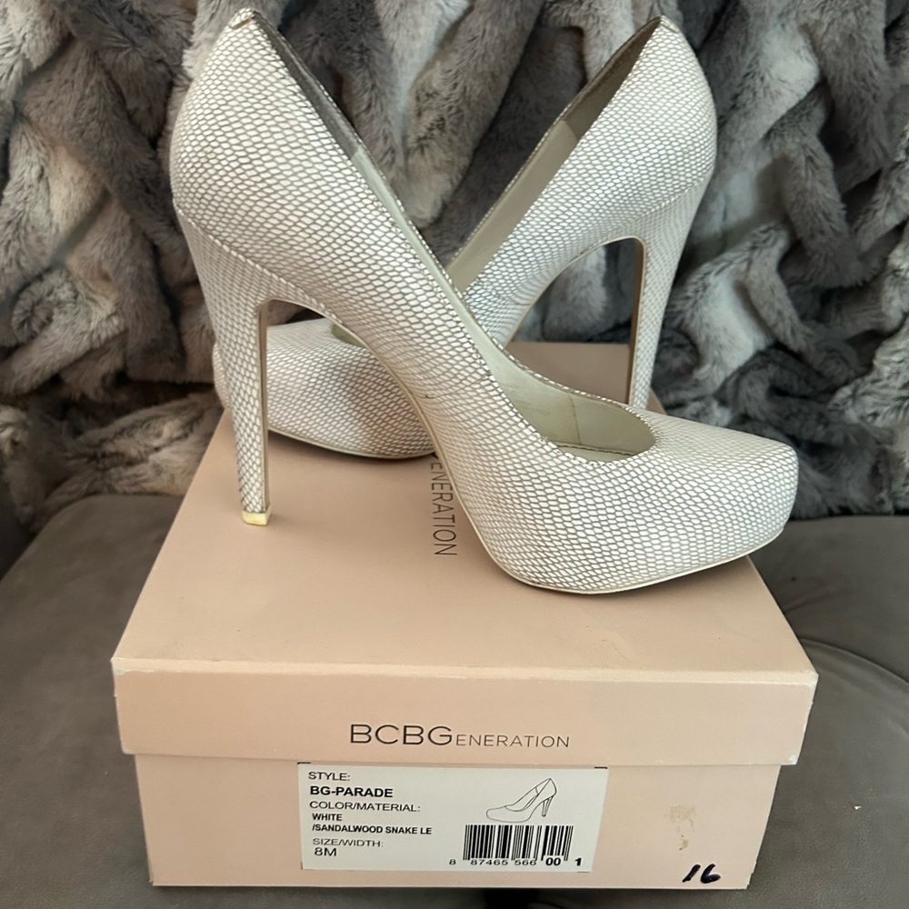 BCBGeneration Snake White Heels